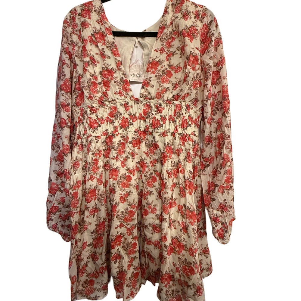 Free People Keep You Mine Printed Mini Dress Floral V-Neck Long Sleeve Large